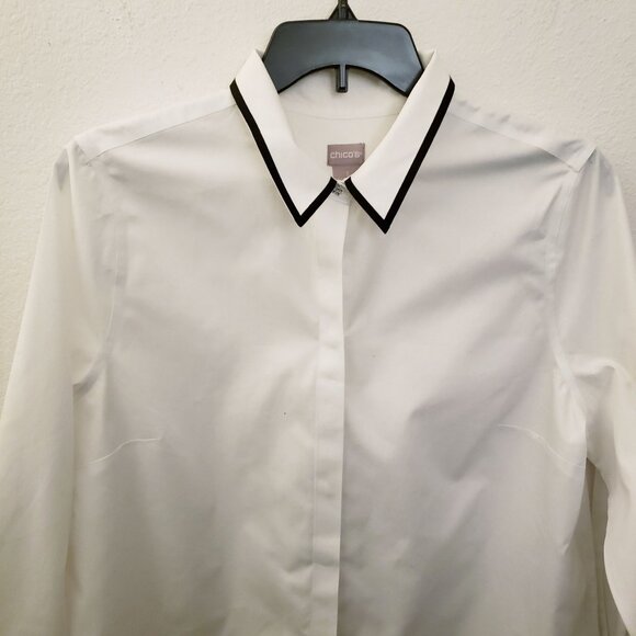 Chicos' 100% Cotton Black Trimmed Jeweled Button Up Shirt Tunic Size L EUC - Picture 2 of 11